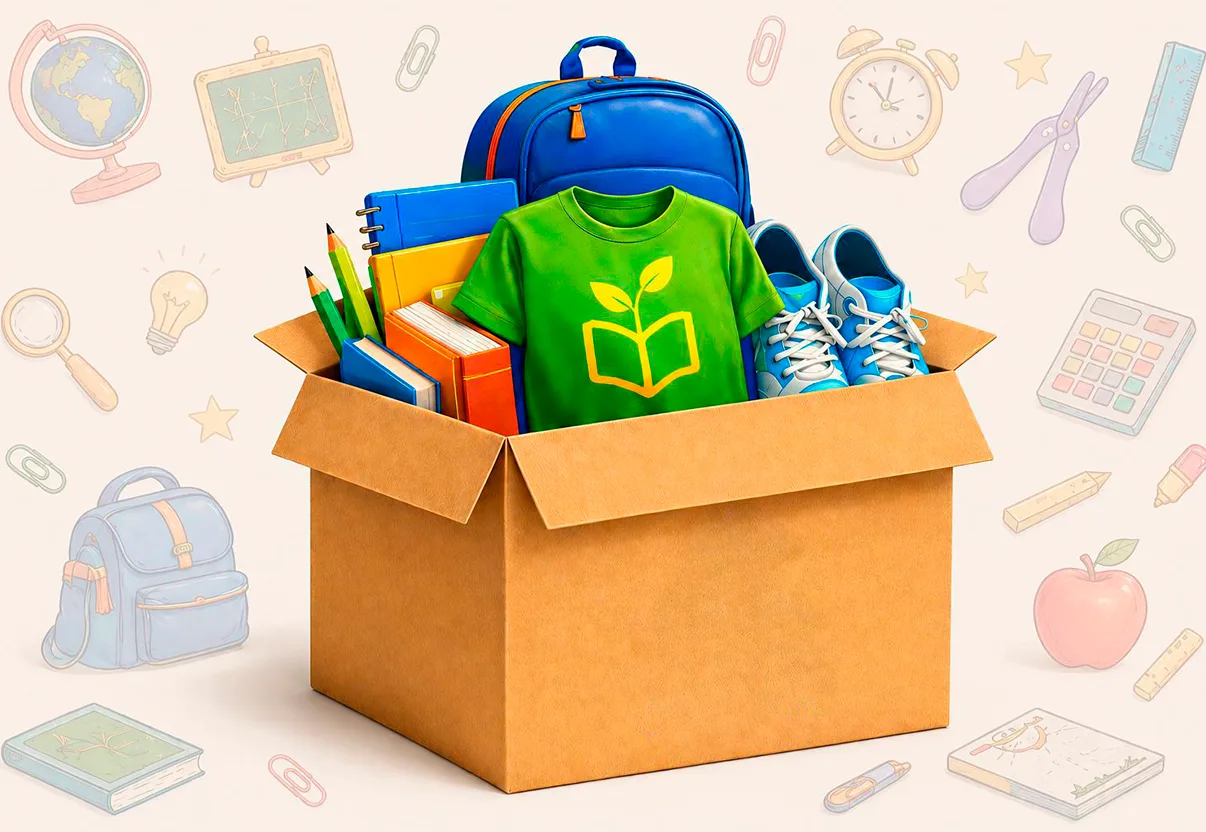 Caixa de papelão aberta com mochila, camiseta de uniforme, tênis, livros e lápis prontos para serem reutilizados
